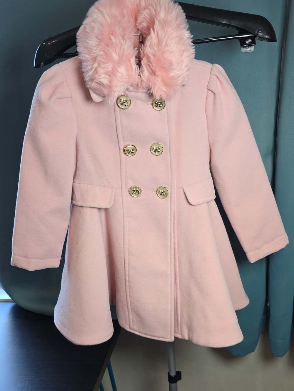 Rothschild Pink Double-Breasted Pea Coat with Faux Fur Collar Size 4